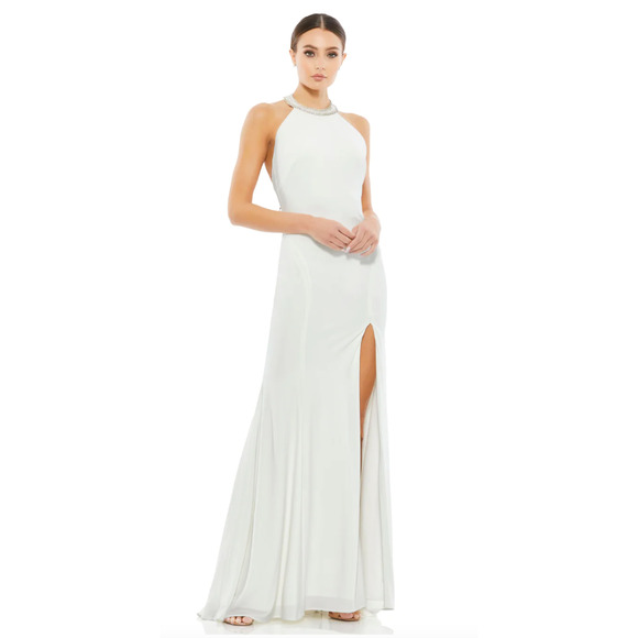 Mac Duggal BEADED HALTER JERSEY GOWN, Sz 4, White, #25572 - Picture 1 of 8